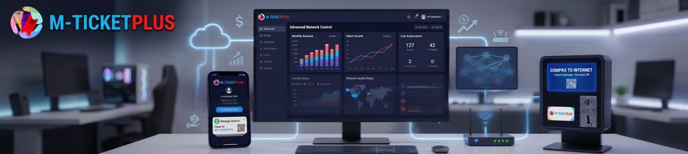 Ecosistema M-TicketPlus®: dashboard web, app móvil, router y cajero vending de internet
