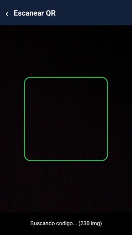 Pantalla del escáner de la terminal, con un marco verde en el centro y el aviso Buscando código