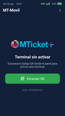 Pantalla de la terminal que dice Terminal sin activar, con el botón Escanear QR y el número de serie abajo