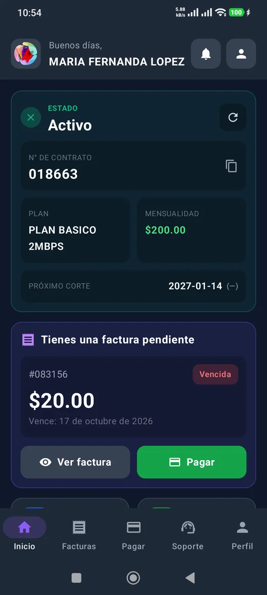 Inicio de Mi Internet: estado del servicio, contrato, plan y próximo corte