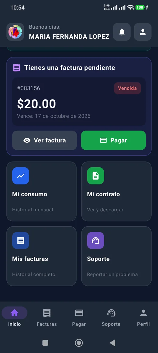 Factura pendiente y accesos a consumo, contrato, facturas y soporte