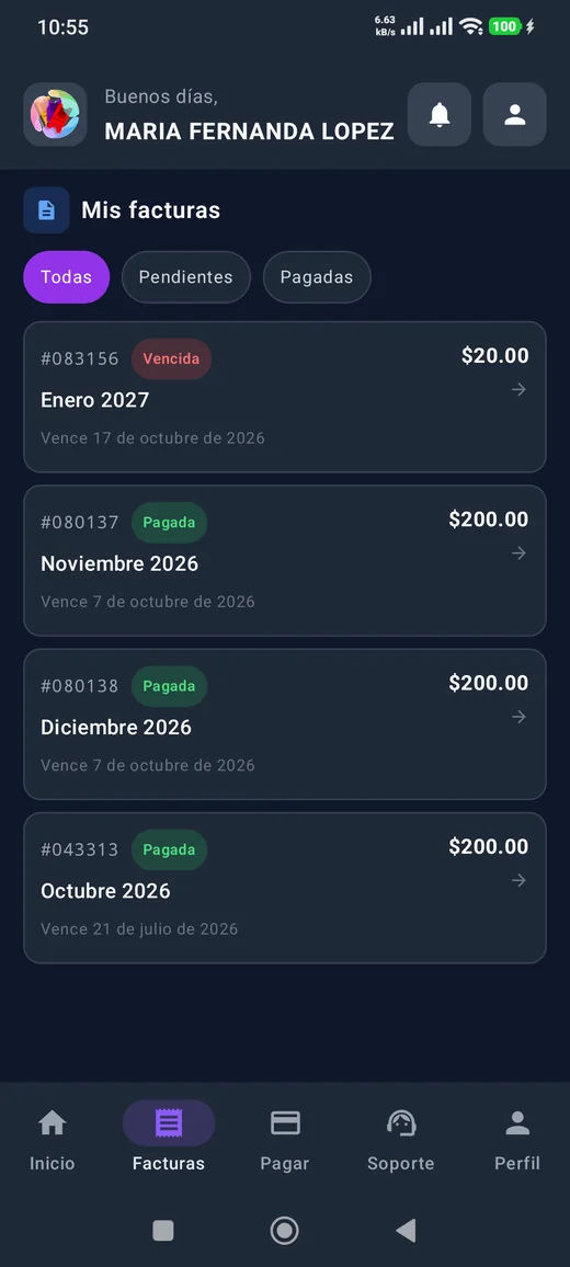 Historial de facturas, pagadas y pendientes