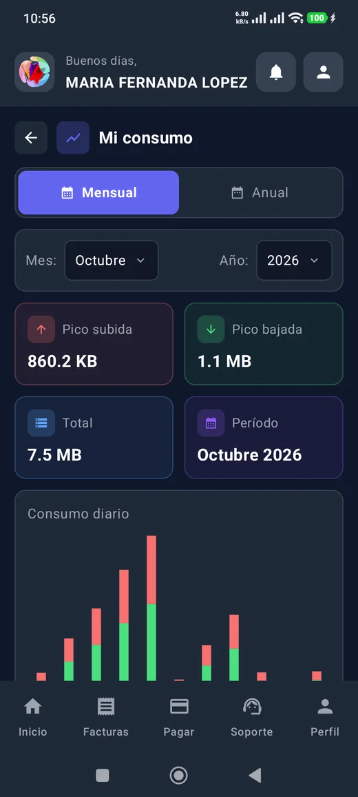 Consumo del mes, con pico de subida y bajada y gráfica diaria