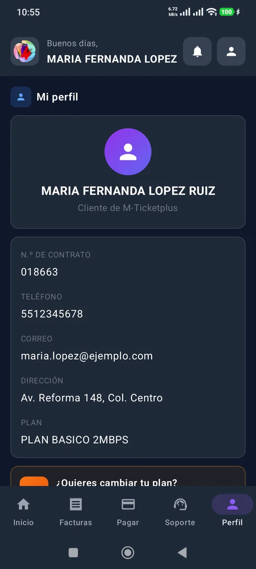 Perfil del abonado: contrato, teléfono, correo, dirección y plan