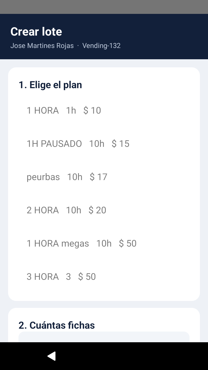 Crear lote: se elige el plan y cuántas fichas