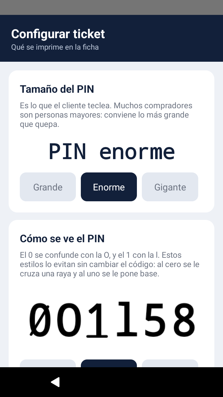 Configurar ticket: qué se imprime en la ficha